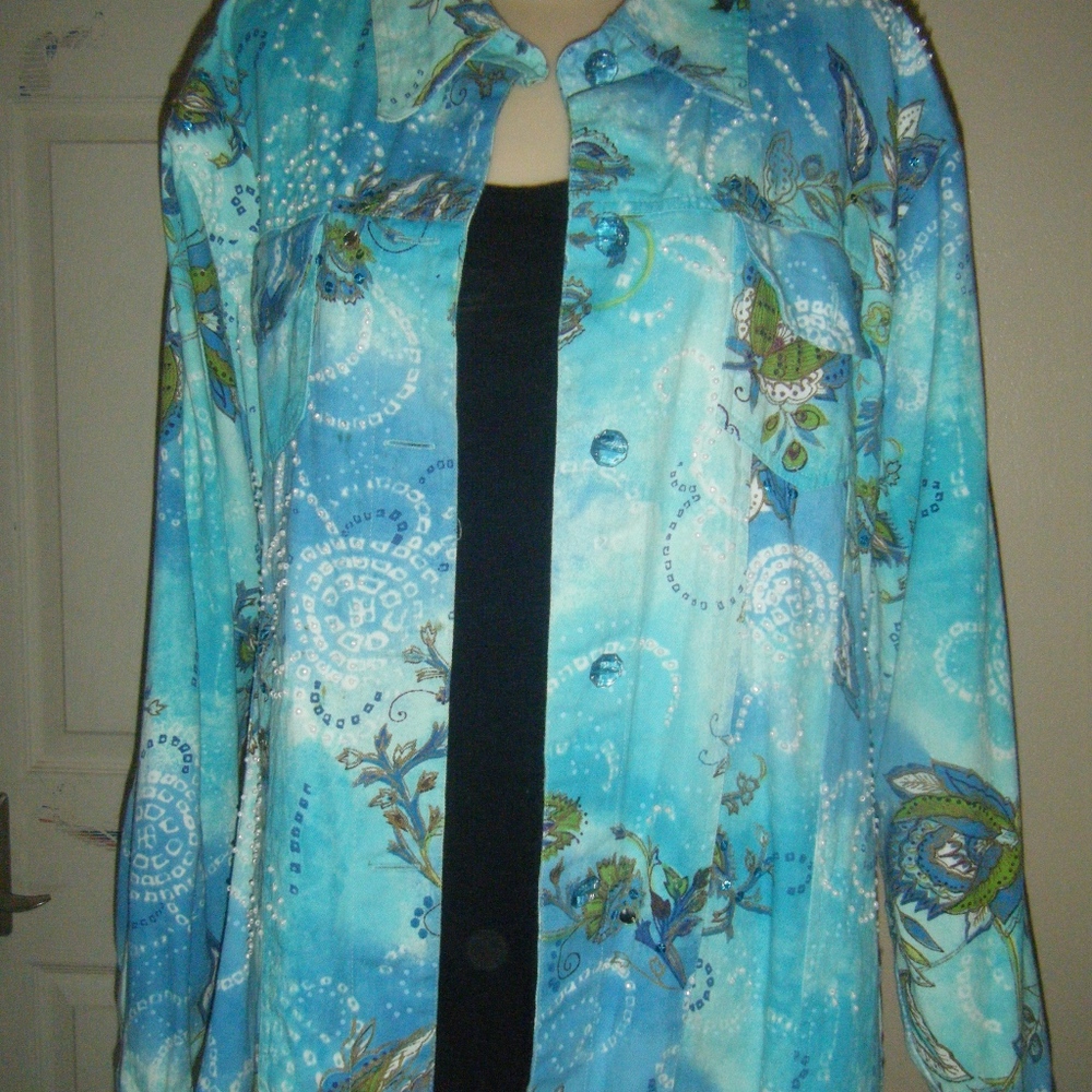 CATO TEAL COTTON EMBELLISHED SHIRT 22/24W